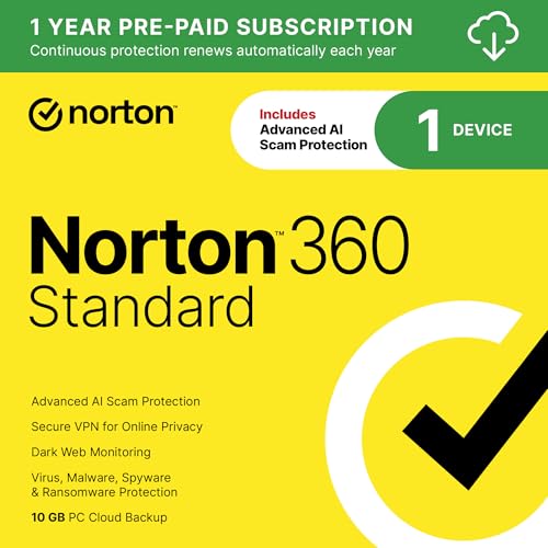 Norton 360 Standard 2025, Antivirus software for 1 Device with Auto-Renewal – Includes Advanced AI Scam Protection, VPN, Dark Web Monitoring & PC Cloud Backup [Download]