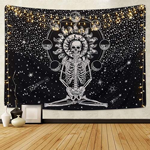 Krelymics Skull Tapestry Meditation Skeleton Chakra Starry Tapestry Black and White Stars Wall Art for Living Room - Click to Buy