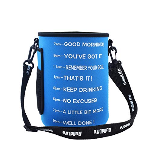 QuiFit Water Bottle Sleeve with Time Marker,Shoulder Strap,Multiple Ways of Use,Suitable for Gallon Water Bottle with Handle on The Side (Blue)