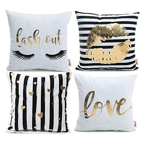 Monkeysell Pack of 4 Black and Gold Throw Pillow Cover Bronzing Flannelette Home Pillowcases Throw Pillow Cover Love Black Gold Lips Pattern Design Rock Punk Neoclassical Style 18 inches (White) - Click to Buy