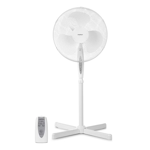 MEDION Standventilator mit Fernbedienung, drei Geschwindigkeitsstufen, 45 Watt Leistung, 36 cm, Schwenkfunktion, Oszillation, verstellbare Höhe, MD18795, weiß - Click to Buy