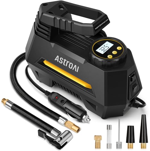 AstroAI Tire Inflator Portable Air Compressor Tire Air Pump for Car Tires - Car Accessories, 12V DC Auto Pump with Digital Pressure Gauge, Emergency LED Light for Bicycle, Balloons, Yellow - Click to Buy