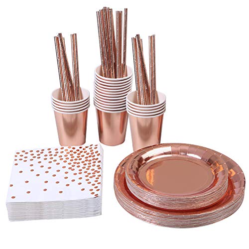 Aneco 146 Pieces Rose Gold Party Supplies Party Tableware Foil Paper Plates Napkins Cups Straws for Weddings, Anniversary, Birthday for 24 Guests - Click to Buy