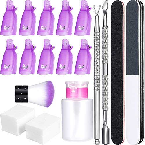 Gel Nail Polish Remover Kit, 420 Pieces Wipe Pads, 10 Pieces Nail Clips Caps, 3 Pieces Nail File, Triangle Cuticle Pusher and Cutter Set, Nail Brush, Push Down Pump Dispenser Bottle (Purple) - Click to Buy