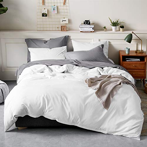 Bedsure 100% Washed Cotton Duvet Covers Queen Size - White Comforter Cover Set 3 Pieces (1 Duvet Cover + 2 Pillow Shams) - Click to Buy