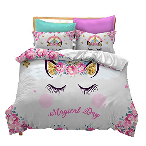S-ANT Cooper Girl Unicorn Bedding Set White Pink Golden Ears Unicorn Bedding Duvet Cover Set Full Girls Printed Modern Lightweight Kids Bedding Set for Teens, NO Comforter Included (U08, Full) - Click to Buy