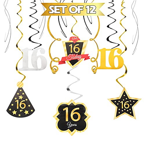 16 Birthday Decoration Happy 16th Birthday Party Silver Black Gold Foil Swirl Streamers I'm Sixteen Years Old Today Birthday Hat Gold Star Ornament Party Present Supplies - Click to Buy