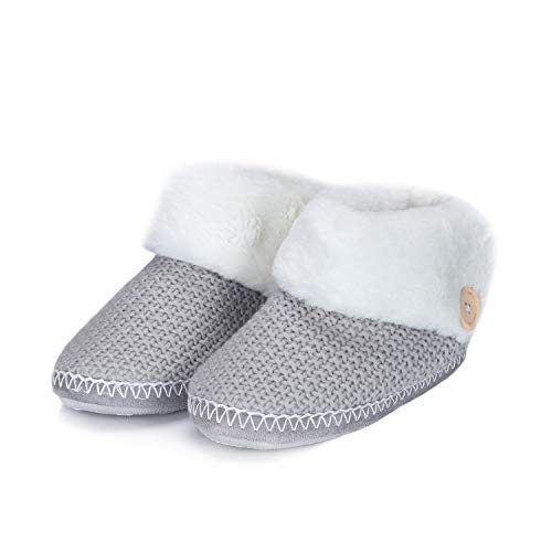 WFL Womens Bootie Slippers, Soft Winter Ankle House Shoes, Knitting Upper and Anti-Slip Sole Grey