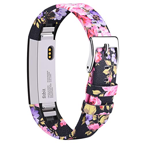 Tobfit Leather Bands Compatible with Fitbit Alta/Alta HR Bands, Genuine Leather Replacement Wristbands, (Pink Floral, 5.5''-8.1'') - Click to Buy