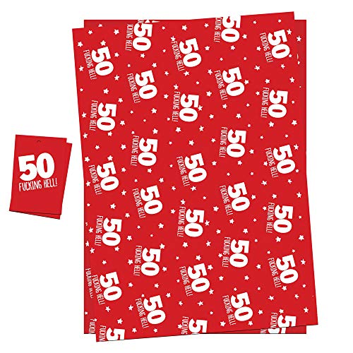 50th Birthday Wrapping Paper Gift Wrap & Tags For Men Women Funny Adult Theme Pack 2 Sheets (NOT ROLL) + 2 Tags & String - Click to Buy
