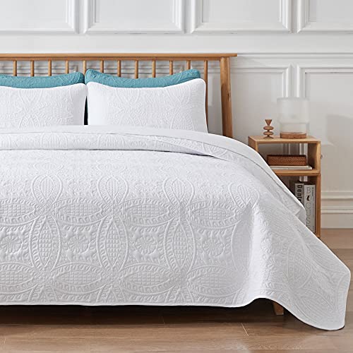 VEEYOO Parure de lit 3 pièces pour très grand lit californien – Couvre-lit léger en microfibre douce réversible pour toutes les saisons (blanc, 1 couvre-lit, 2 couvre-oreillers) - Click to Buy