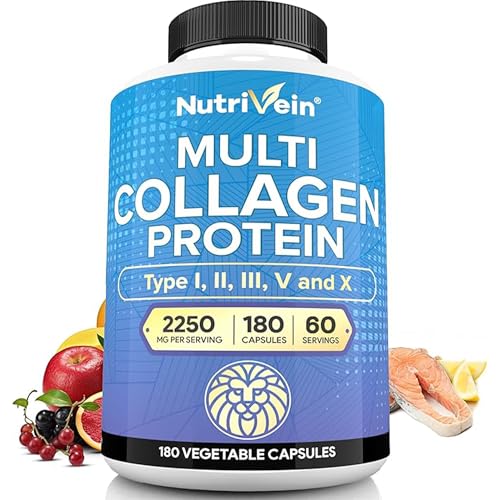 Nutrivein Premium Multi Collagen Pills 2250 mg - 180 Easy-to-Swallow Collagen Capsules: Type I, II, III, V, X Hydrolyzed Protein Peptides for Women and Men - Aging, Joints, Hair, Skin, Bones, & Nails - Click to Buy