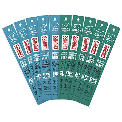CHOMPS AIP Mild Beef Jerky Snack Sticks 10 Pack, 5 Sea Salt Beef, 5 Italian Style Beef - Whole30, Paleo, Keto Approved, Gluten Free, Sugar Free, Nitrate Free - Click to Buy