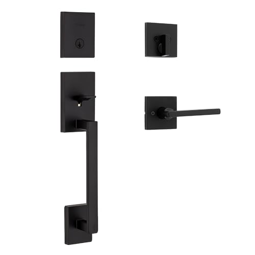 Kwikset 98180-020 San Clemente Single Cylinder Low Profile Front Lock Handleset with Halifax Door Handle Lever Featuring SmartKey Security, Iron Black - Click to Buy