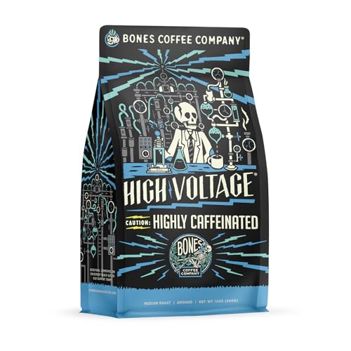 Bones Coffee Company High Voltage Coffee Medium Roast Low Acid, Highly Caffeinated, Unflavored 12 Oz Ground - Click to Buy