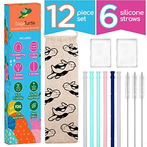 SageTurtle Collapsible Reusable Silicone Straws - 12 Pc Set - Portable Straw - Carrying Case - Cleaning Brush - Reusable Straws with Case - Travel Straw - Folding Straw - Reusable Straws Collapsible - Click to Buy