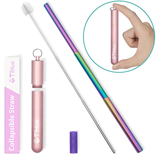Reusable Collapsible Straw, Rainbow 9.25'' Telescopic Stainless Steel Metal Straw, Portable Drinking Straw perfect for Hot Drink, Coffe, Smoothie, Juice, Milkshake - Great Christmas Gifts for Family - Click to Buy