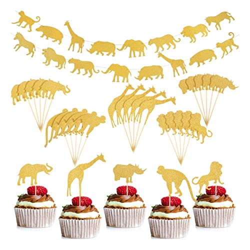 30 Pieces Woodland Animal Cupcake Toppers Cake Decorations and 2 Pieces Gold Glitter Animal Banner Jungle Safari Zoo Garland for Baby Showers Wedding Birthday Party Supplies - Click to Buy