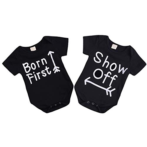 Twins Siblings Baby Boy Girl Romper Born First Show Off Matching Print Short Sleeve Bodysuit Outfits (0-3 Months, Black) - Click to Buy