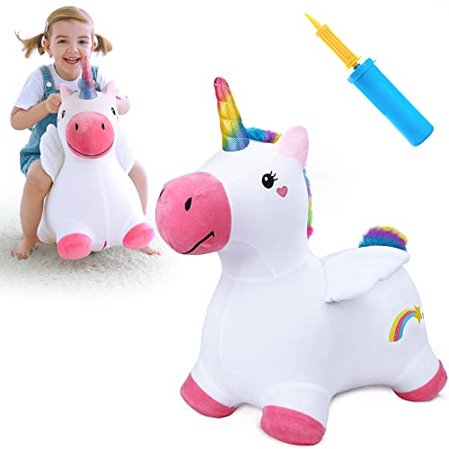 iPlay, iLearn Unicorn Bouncy Horse Plush, Outdoors n Indoors Ride On Hopping Animal Toys, Inflatable Hopper, Unique Activity Riding Gifts for 18 Months, 2, 3, 4, Year Olds Kids Toddlers Girl ï¼Ë†W/ Pumpï¼â€° - Click to Buy