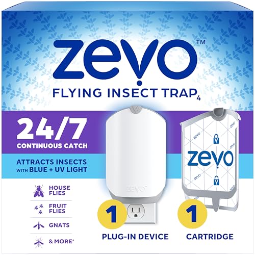 Zevo Flying Insect Trap & Cartridge - Plug in Fly Trap & Indoor Bug Catcher for Gnats, House & Fruit Flies - Mess-Free - Use in Any Room - Uses Blue & UV Light (1 Plug in Device & 1 Cartridge) - Click to Buy
