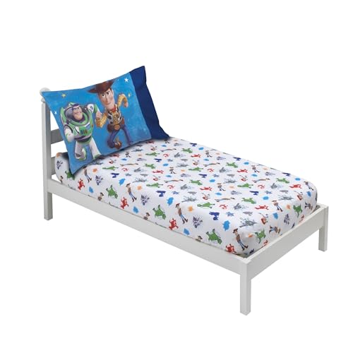 Disney 2 Pack Toddler Fitted Crib Sheet & Standard Size Pillowcase Set, Toy Story 4, Blue, Green, Red, White - Click to Buy