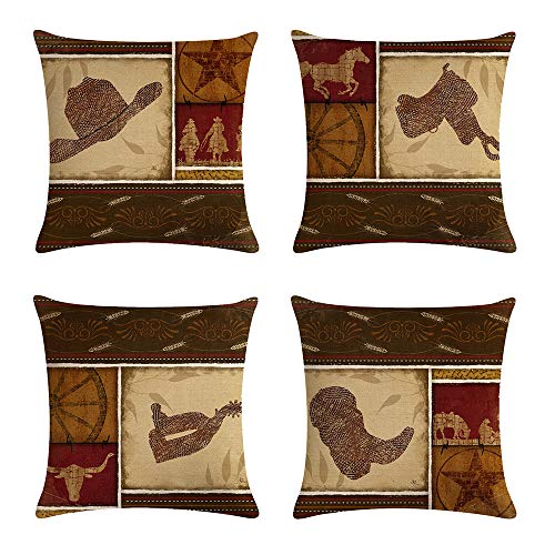 geinne 4pack Cowboy Style Throw Pillow Case Vintage Western Cowboys Riding Horses Theme Decorative Square Cotton Linen Cushion Cover for 18 X 18 Inch Pillow Inserts (Cowboy-2) - Click to Buy
