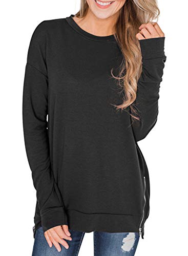 Asvivid Womens Comfy Zipper Sweatshirt Tops Lightweight Crewneck Juinors Cotton Baggy Pullover Blouses L Black - Click to Buy
