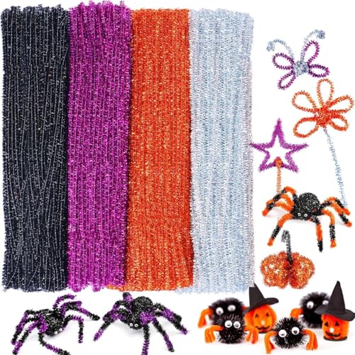 400 Pieces Halloween Pipe Cleaners Craft Pipe Cleaners Glitter Chenille Stems Creative Arts Chenille Stems for DIY Craft Halloween Thanksgiving Decoration, 12 Inches (Black, Purple, Bronze, Silver) - Click to Buy