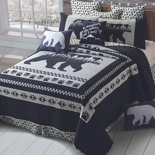 Virah Bella 3 Piece King Lodge Quilt Bedding Set - Moon Bear - Rustic Cabin Country Reversible Camping Comforter Set with Decorative Pillow Shams, Black/White - Click to Buy