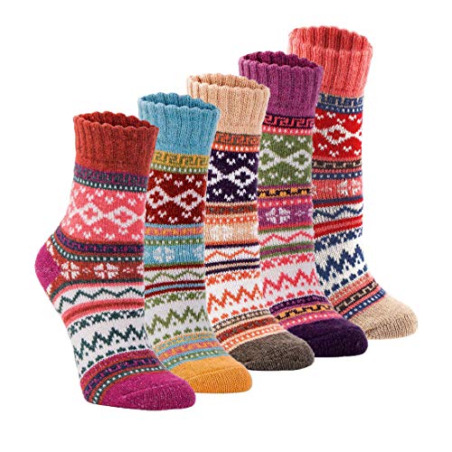 5 Pack Womens Warm Socks Vintage Winter Cold Thick Knitted Wool Crew Casual Socks Gift