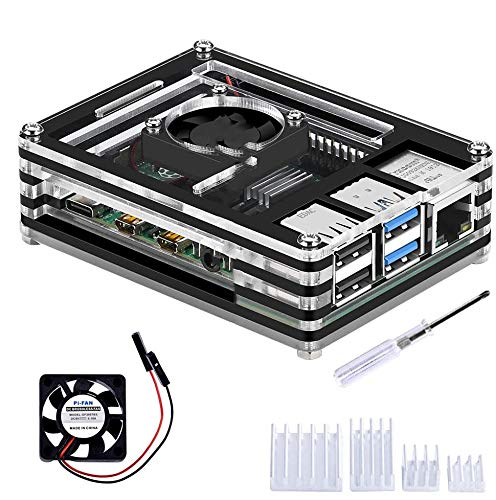 GeeekPi Acrylic Case for Raspberry Pi 4 Model B, Pi 4 Case with Cooling Fan and Heatsinks for Raspberry Pi 4 Model B(Only for Pi 4) (Black and Clear) - Click to Buy
