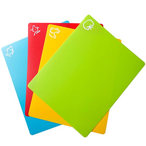 Carrollar Flexible Plastic Cutting Board Mats, Colored Mats with Food Icons, BPA-Free, Non-Porous, Gripped Back and Dishwasher Safe, Set of 4 (14.6x11.6inch) - Click to Buy