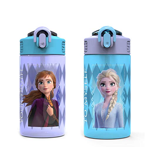 Zak Designs Disney Frozen 2 Kids Water Bottle Set with Reusable Straws and Built in Carrying Loops, Made of Plastic, Leak-Proof Designs 16 oz, BPA-Free, 2pc Set, Elsa & Anna (Frozen 2) - Click to Buy