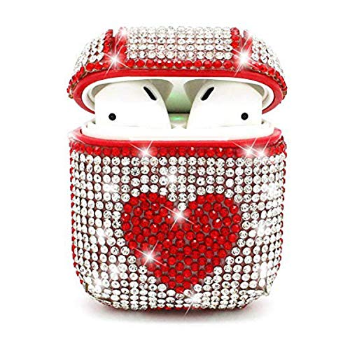 Handmade Luxury Rhinestone AirPods Case, Bling Crystal Diamond Charging Protective Case Cover for Apple AirPods 2 and 1,Loving Heart Shape (Red) - Click to Buy