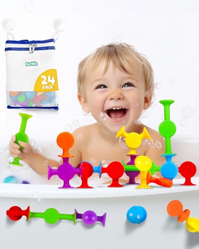 BUNMO Suction Bath Toys - Connect, Build, Create - Bath Toy - Hours of Fun & Creativity - Fine Motor Skills - Captivating & Stimulating Sensory Toy - Non-Mouthable Toy 3+ - Smooth 24 Pack