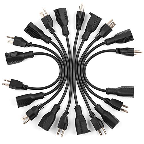 1ft Mini Extension Cords - Short Power Strip/Adapter Cable, 3 Prong Plug, 16AWG 13A (10 Pack, 1 Foot) - Click to Buy