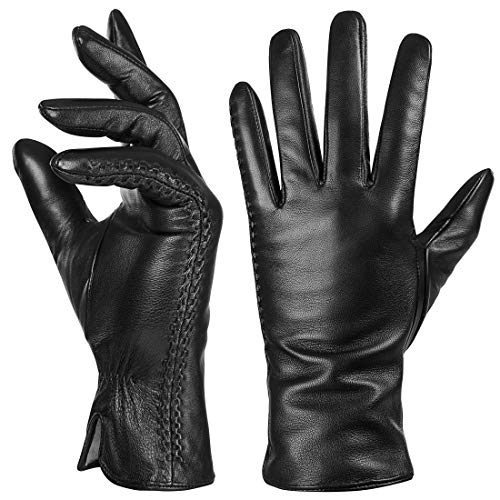 Genuine Sheepskin Leather Gloves For Women, Winter Warm Touchscreen Texting Cashmere Lined Driving Motorcycle Dress Gloves - Click to Buy