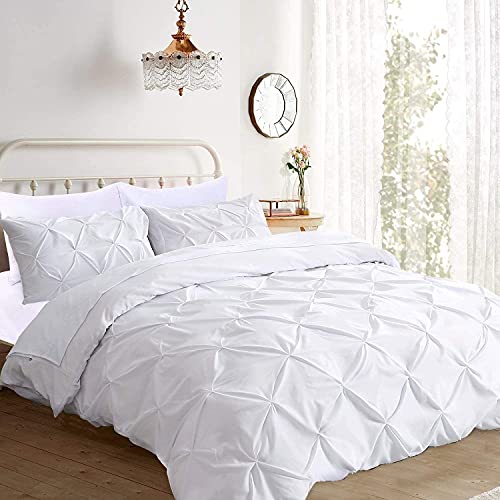 Pinch Pleated 3pc Duvet Cover Set 100% Egyptian Cotton 1000 Thread Count Zipper & Corner Ties Rectangle Pattern Decorative Pintuck Pillow Shams (120X98 Oversize King, Pure White Solid) - Click to Buy