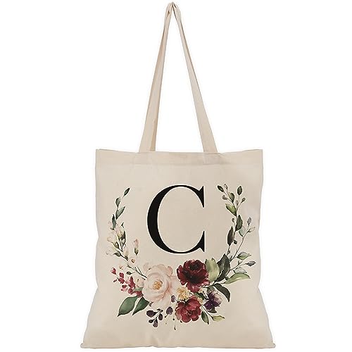 Personalized Floral Initial Cotton Canvas Tote Bag for Events Bachelorette Party Baby Shower Bridal Shower Bridesmaid Christmas Gift Bag | Daily Use | Totes for Yoga, Pilates, Gym, Workout | #2 - C - Click to Buy