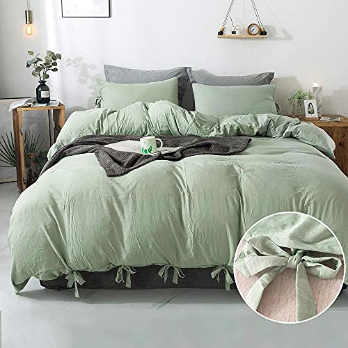 annadaif Duvet Cover Queen Size Sage Green, 3 Pieces Soft Washed Microfiber Duvet Cover Set, Comforter Cover with Bowknot Bow Tie (1 Duvet Cover 90x90 Inch, 2 Pillowcases) Easy Care Bedding Set