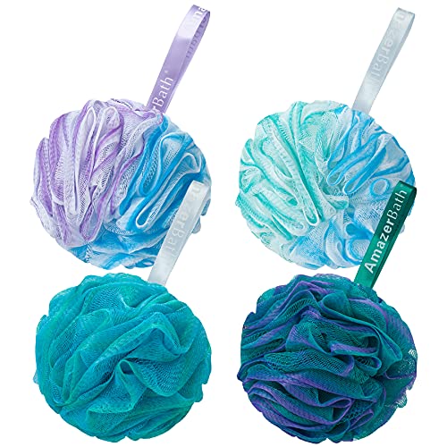 AmazerBath Loofah Sponge 75g/Piece, Exfoliating Bath Sponge Body Scrubber - Loofa Set of 4 Flower Color (Large, Green-Purple) - Click to Buy
