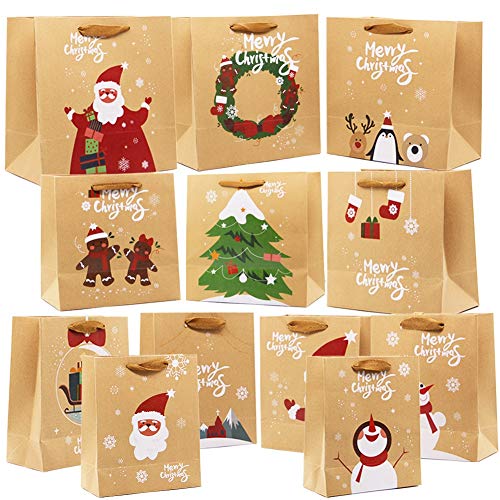 Lulu Home Christmas Gift Bags with Handle, 24 Pieces Kraft Bags with Assorted Christmas Prints, Xmas Gift Bags Large, Medium and Small for Gifts Wrapping - Click to Buy