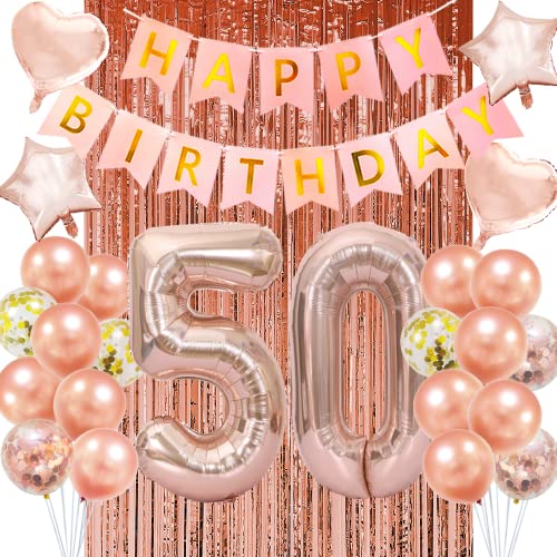 Rose Gold 50th Birthday Balloons, Banner & Party Decorations - Click to Buy