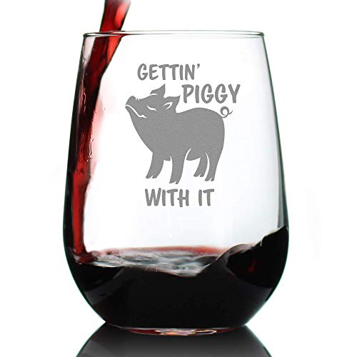 Gettin' Piggy With It - Stemless Wine Glass - Pig Decor Gifts for Lovers of Swine and Wine - Large 17 Ounce - Click to Buy