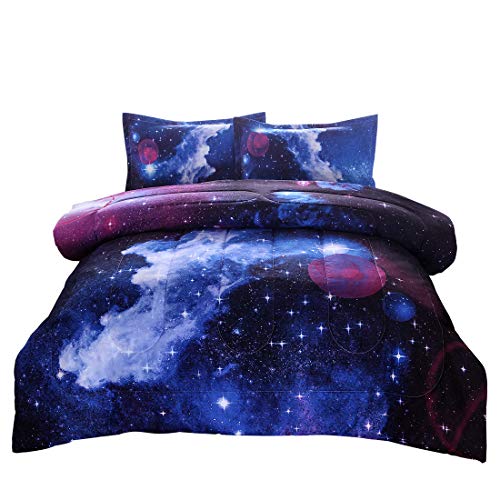 JQinHome Full Galaxy Comforter Sets - 3D Outer Space Themed - All-Season Down Alternative Quilted Duvet - Reversible Design - Includes 1 Comforter, 2 Pillow Shams (Dark Blue) - Click to Buy