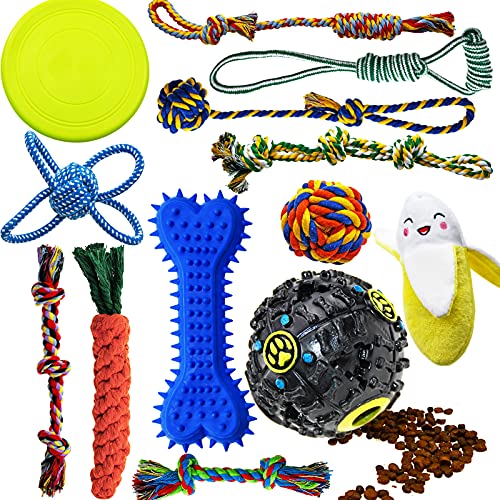 Dog Chew Toys for Puppies Teething, 14 Pack Dog Rope Toys Tug of War Dog Toy Bundle Toothbrush iq Treat Ball Squeaky Rubber Bone Durable Dog Chew Toys for Small Dogs Pet Toys Puppy Toys - Click to Buy