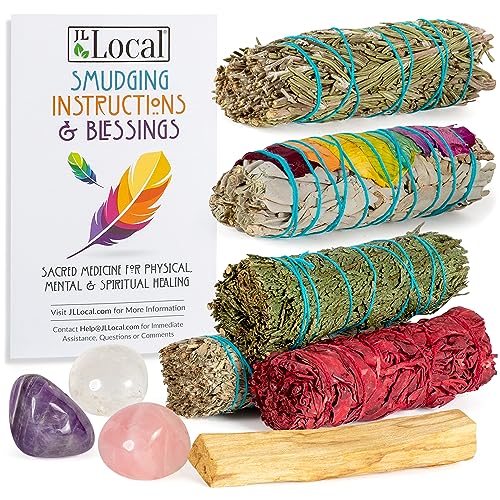 Earth & Air Smudging Kit - 2 Bundles of Flower White Sage, Blue Sage, Juniper, Cedar, Rosemary, Amethyst, Clear & Rose Quartz, Palo Santo, Instructions & Blue Agate Bracelet - Click to Buy