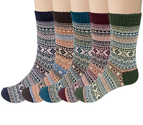 5 Pairs Womens Wool Socks Vintage Knit Thick Cozy Warm Winter Socks Gifts - - One Size - Click to Buy