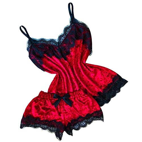 Women Sexy 2Pcs Pajamas Set Satin Silk Sleepwear Lace Trim V Neck Lingerie Strap Cami Shorts Nightwear Homewear - Click to Buy